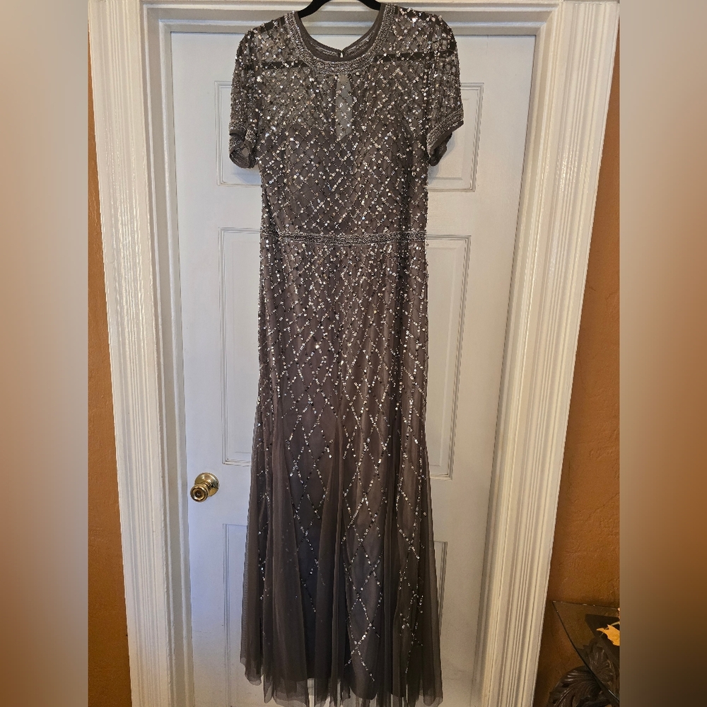 Adrianna Papell Gray Sequin Maxi Dress Size 16